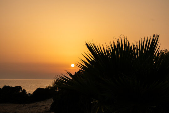 sunset on La Barrosa beach in Sancti Petri, Cadiz, Spain