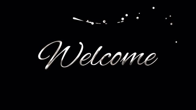 Luxury silver metallic welcome text animation with sparkling particles and thank you for joining us message on black background for vfx alpha channel overlay