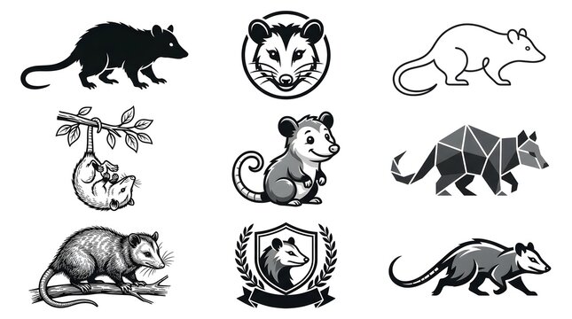Set of Possum and Opossum Vector Illustrations in Various Artistic Styles