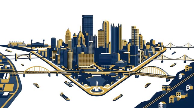 Stylized isometric illustration of the Pittsburgh skyline featuring bridges and rivers