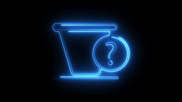 Neon blue trash bin icon with question mark symbol glowing on black background animation.