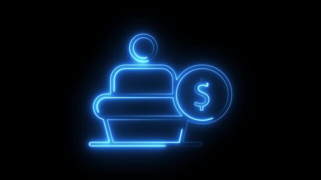 Neon blue business avatar icon with dollar sign symbol glowing on dark digital background.