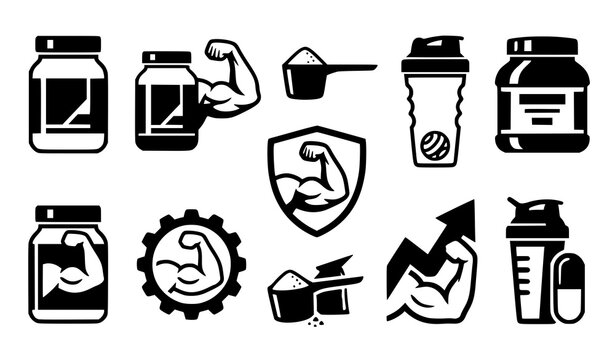 Protein Supplement Jar Muscle Biceps Fitness Bodybuilding Nutrition Black White Vector Symbols