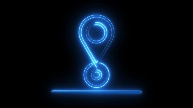 Blue neon map pin icon glows on black background with animated digital line and light pulse.