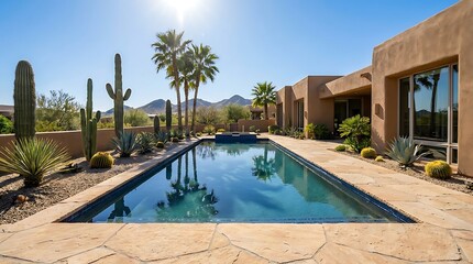 Fototapeta premium Luxury desert home backyard with swimming pool and cactus garden in Arizona landscape. arizona yard