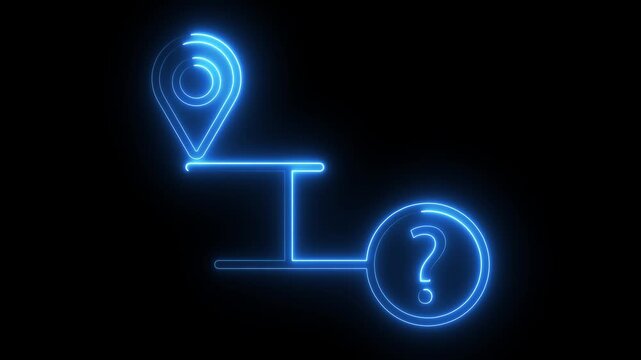 Neon map location pin connected to question mark symbol glowing on dark black background.