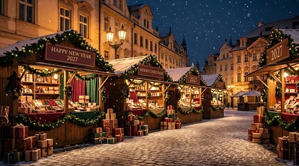 Fototapeta premium Charming European Christmas Market Stalls Decorated With Greenery And Festive Lights At Night