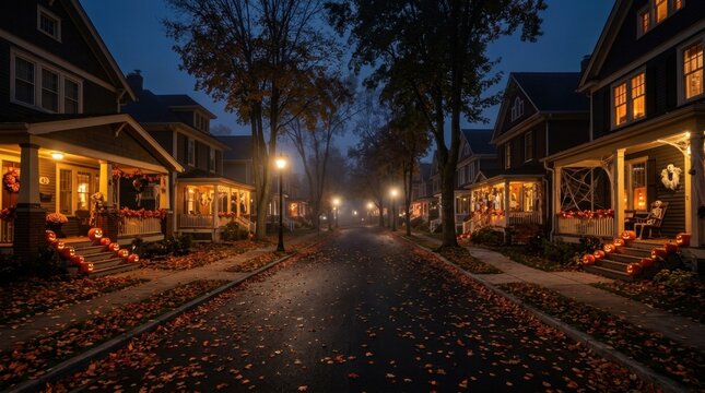 Suburban Neighborhood Street Decorated for Halloween Night