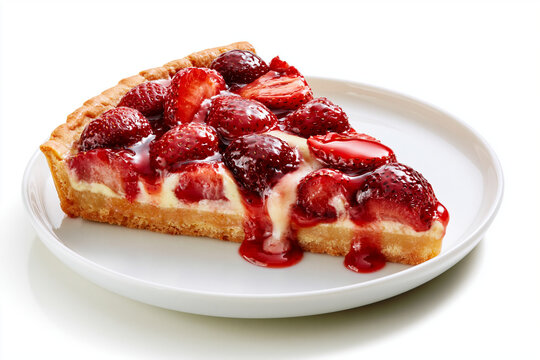Part de tarte aux fraises cuites sur fond blanc, sur assiette blanche. P&acirc;te bris&eacute;e, fraises fondantes avec leur jus et migaine fa&ccedil;on cr&egrave;me p&acirc;tissi&egrave;re