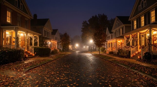 Misty Suburban Street Decorated with Halloween Lights