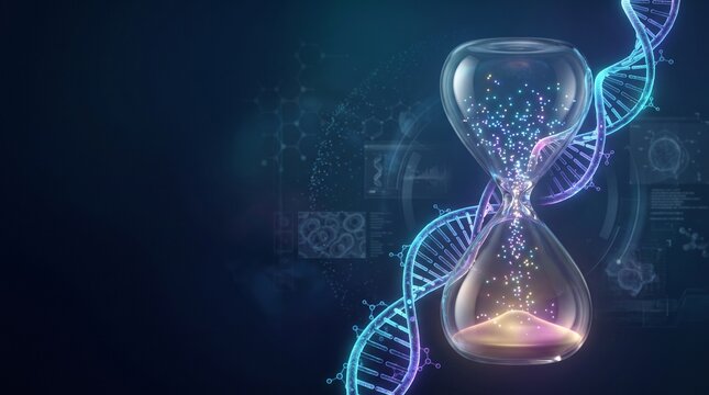 Glowing DNA Helix and Hourglass Symbolizing Longevity and Life Expectancy