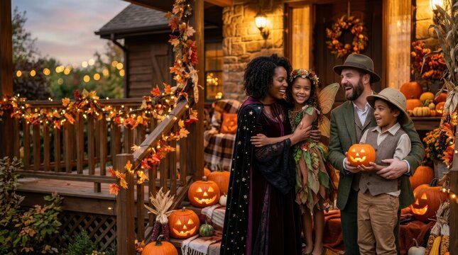 Happy Family in Costumes on Decorated Porch