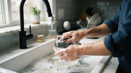 Fototapeta premium Person washing a glass by hand in a modern farmhouse kitchen sink with soap suds