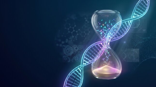 Glowing DNA Helix and Hourglass Symbolizing Longevity and Life Expectancy