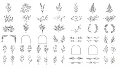 Elegant Fine Line Wildflower Botanical Elements Hand Drawn Vector Wedding Invitation Set