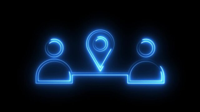 Blue neon location pin connecting two people icons flickering on black background footage.