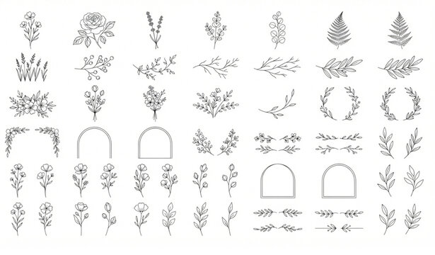 Elegant Fine Line Wildflower Botanical Elements Hand Drawn Vector Wedding Invitation Set