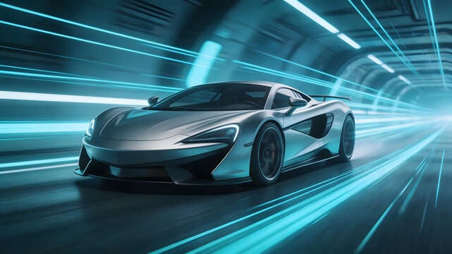 Silver futuristic sports car with blue light trails in tunnel