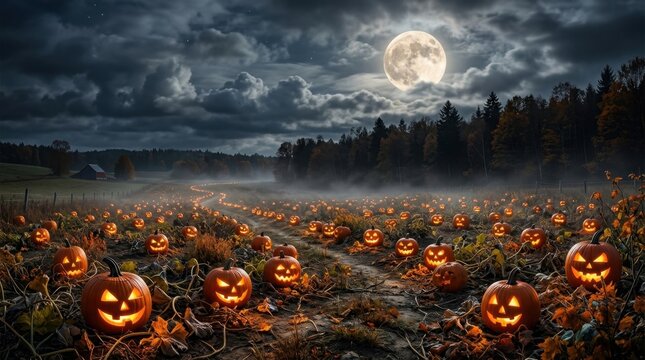 Pumpkin Patch Field under Full Moonlit Sky