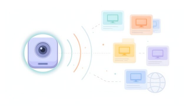 Smart Camera Lens Broadcasting Wireless Video Signal to Networked Display Screens Vector Illustration