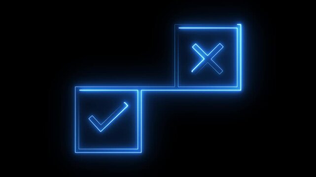 Neon blue check mark and cross symbol glowing in simple linear animation on dark background.