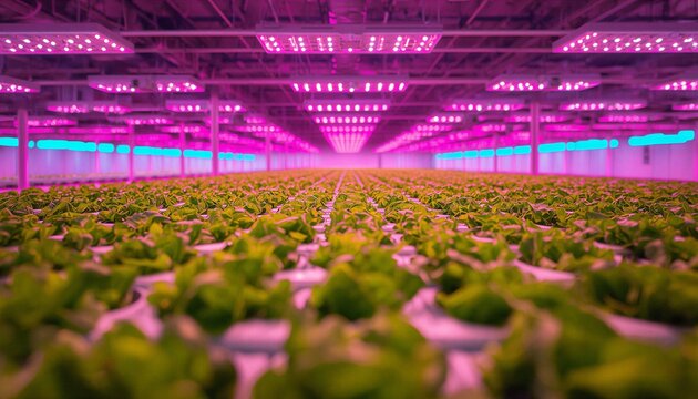 Futuristic vertical hydroponic farm with green lettuce rows growing under purple LED light
