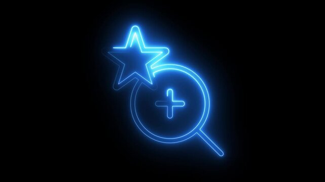 Magnifying glass with plus sign and star glowing neon icon on black background motion clip.
