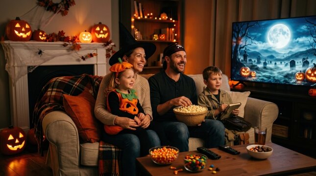 Family Watching Halloween Movie Together on Sofa