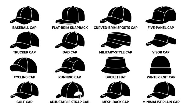 Cap silhouette black vector icon collection with baseball snapback sportswear and fashion hat styles