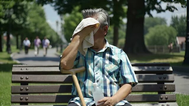 Elderly man wipes sweat while sitting on a bench in a sunny park as people walk by in the background