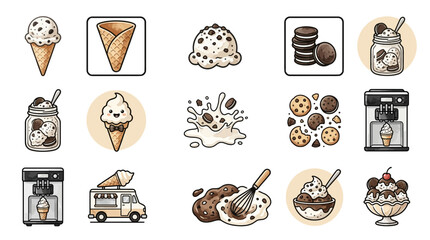 Cookies and cream dessert icons with milkshakes