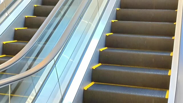 Empty Escalator staircases inside office mall building, Elevation Automatic Transport, Travel Infrastructure, Modern Stairway Machine, Eye Level Side Shot