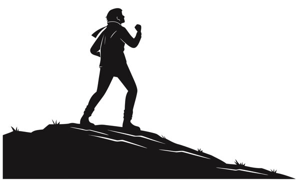 Silhouette of a man climbing a mountain peak, determined hiker reaching the summit, black and white vector of a person achieving success