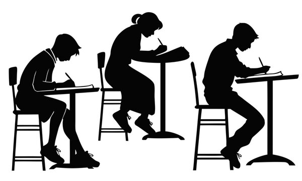 Student silhouettes taking exam at desks, group of pupils writing in classroom, school education vector illustration