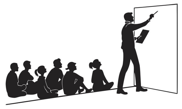 Minimalist teacher silhouette presenting to students. Classroom lecture vector with educator and seated audience. Professional training workshop graphic.
