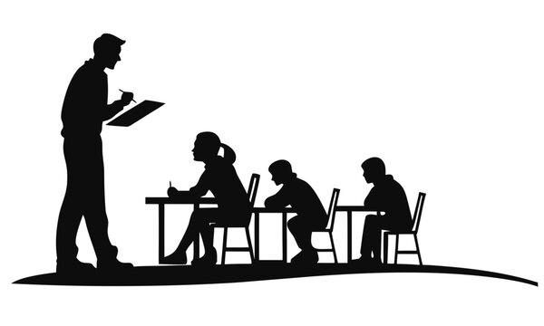 Classroom silhouette with teacher and students, academic learning environment vector, school education scene with pupils at desks