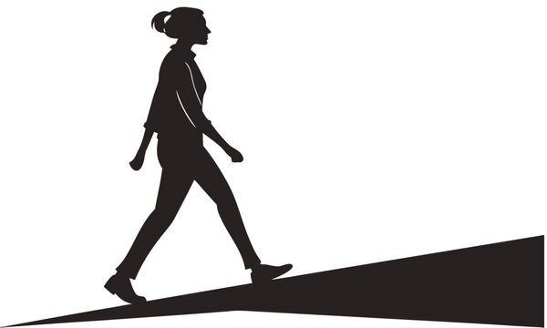 Minimalist silhouette of woman walking uphill, female figure climbing slope vector, person moving forward on incline