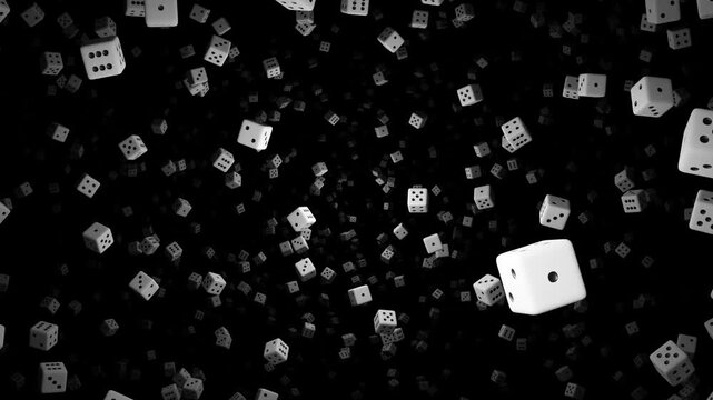 Abstract monochrome 3D background with white dice randomly floating through a deep black space. Surreal gambling concept with plenty of cubes in motion create a sense of risk and uncertainty. 4K 60fps