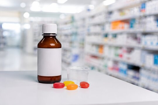 Botella de jarabe y caramelos en una farmacia