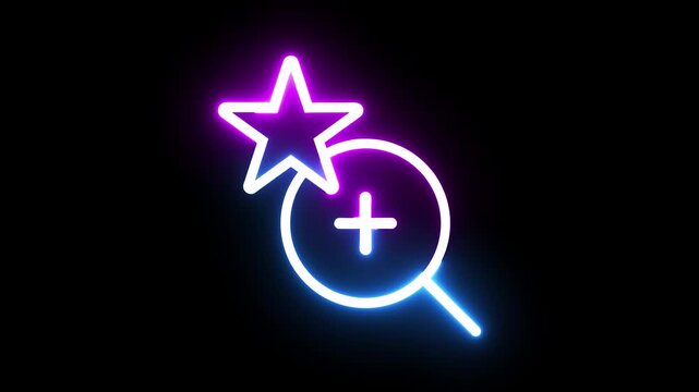 Neon glowing zoom in icon with star symbol pulsing bright light on simple black background.