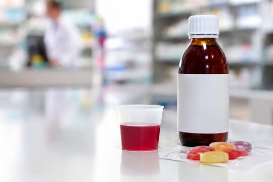 Botella de jarabe y vaso en una farmacia durante el d&iacute;a