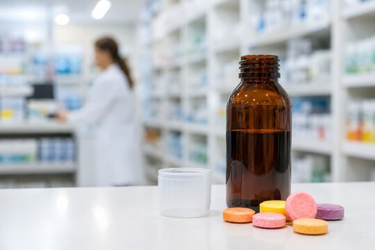 Trabajo en una farmacia con frascos de medicina y tabletas coloridas en primer plano