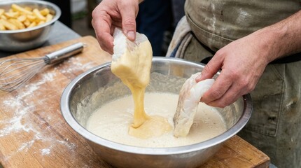 Fototapeta premium Chef dipping fresh cod fish fillet into thick batter for frying