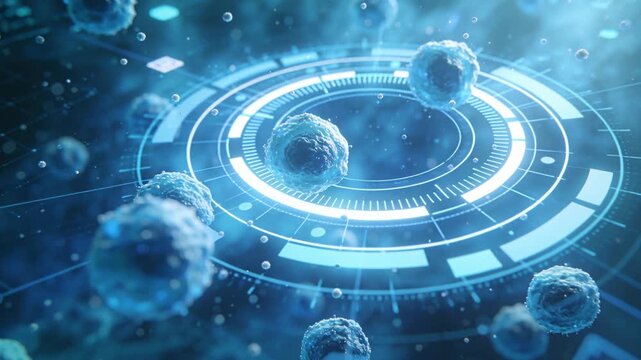 Pushing camera, central cell drifting forward in CGI data, with HUD scanning for analysis