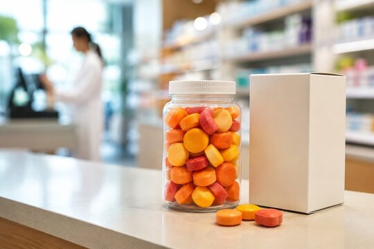 Muestra de frascos de caramelos y envases en una farmacia moderna en un d&iacute;a soleado