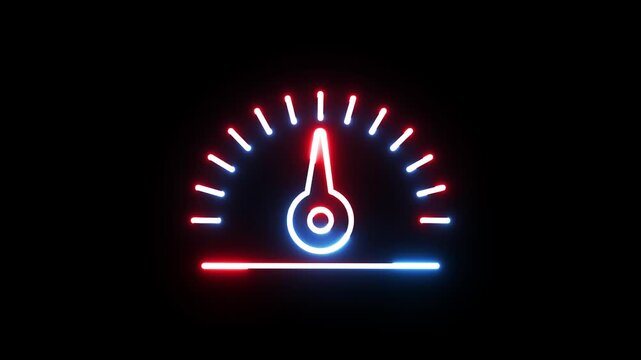 Neon dashboard gauge animation with glowing red and blue light effect on black background.
