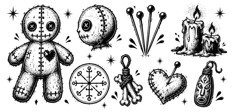 voodoo doll and ritual magic elements set stitched doll with heart, pins, candles, bones, and talisman symbols