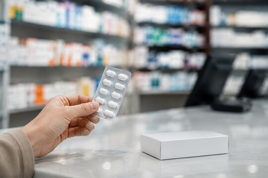 Seleccionar un medicamento en una farmacia mientras se observa el mostrador con productos varios