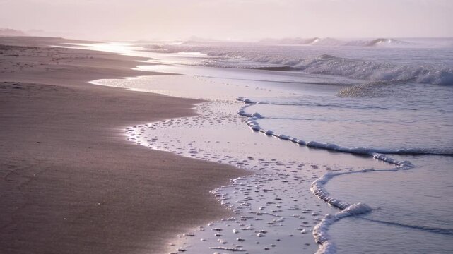 Approaching wave train from right advancing along curved shoreline at beach, leaving foam patches