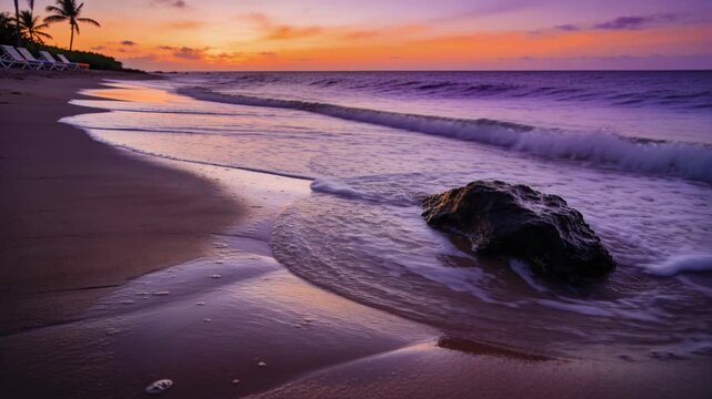 Incoming waves pushing, swirling foam around dark jagged rock on wet sand at sunset, copy space